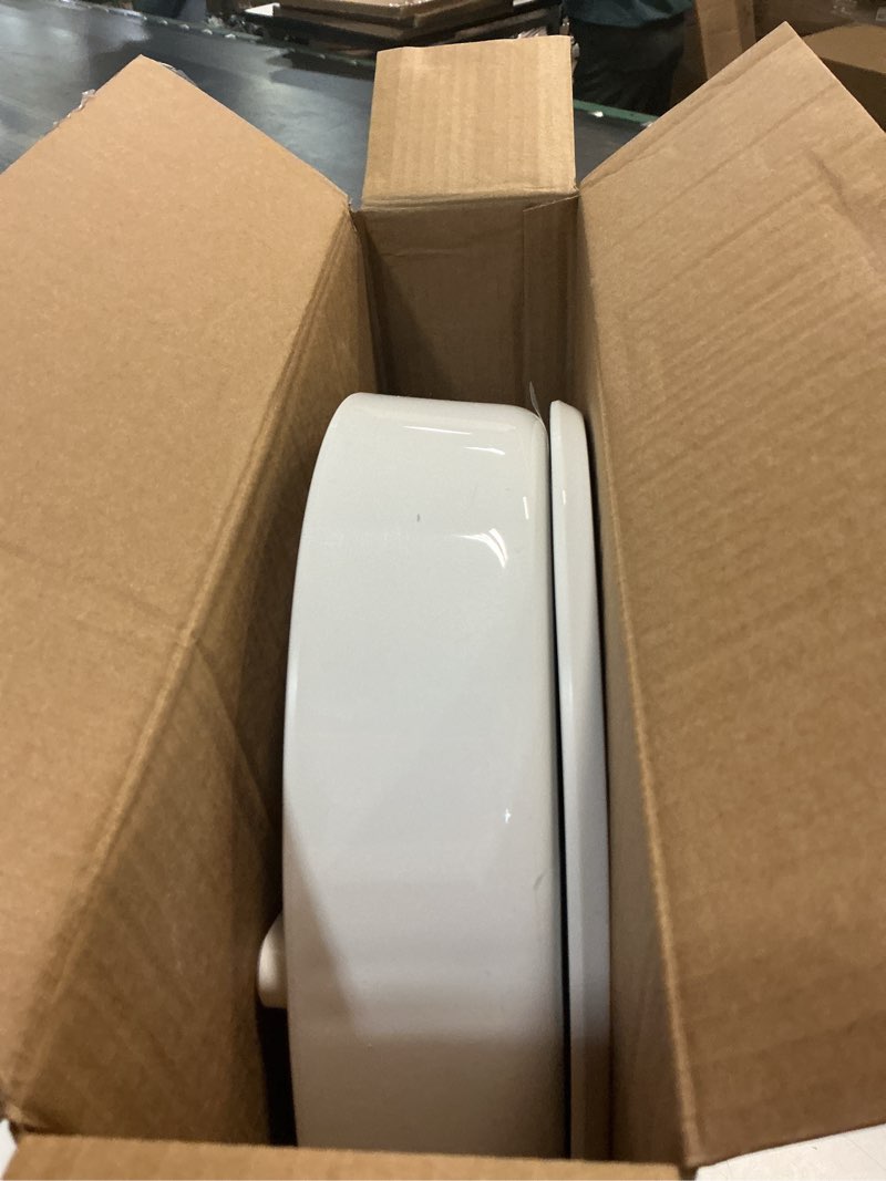 Condition photo showing As Is for kohler 25875-0 hyten 3" height, elevated soft close elongated toilet seat, contoured seat with grip-tight bumpers, quick-attach hardware, no slam toilet seat, white white elongated