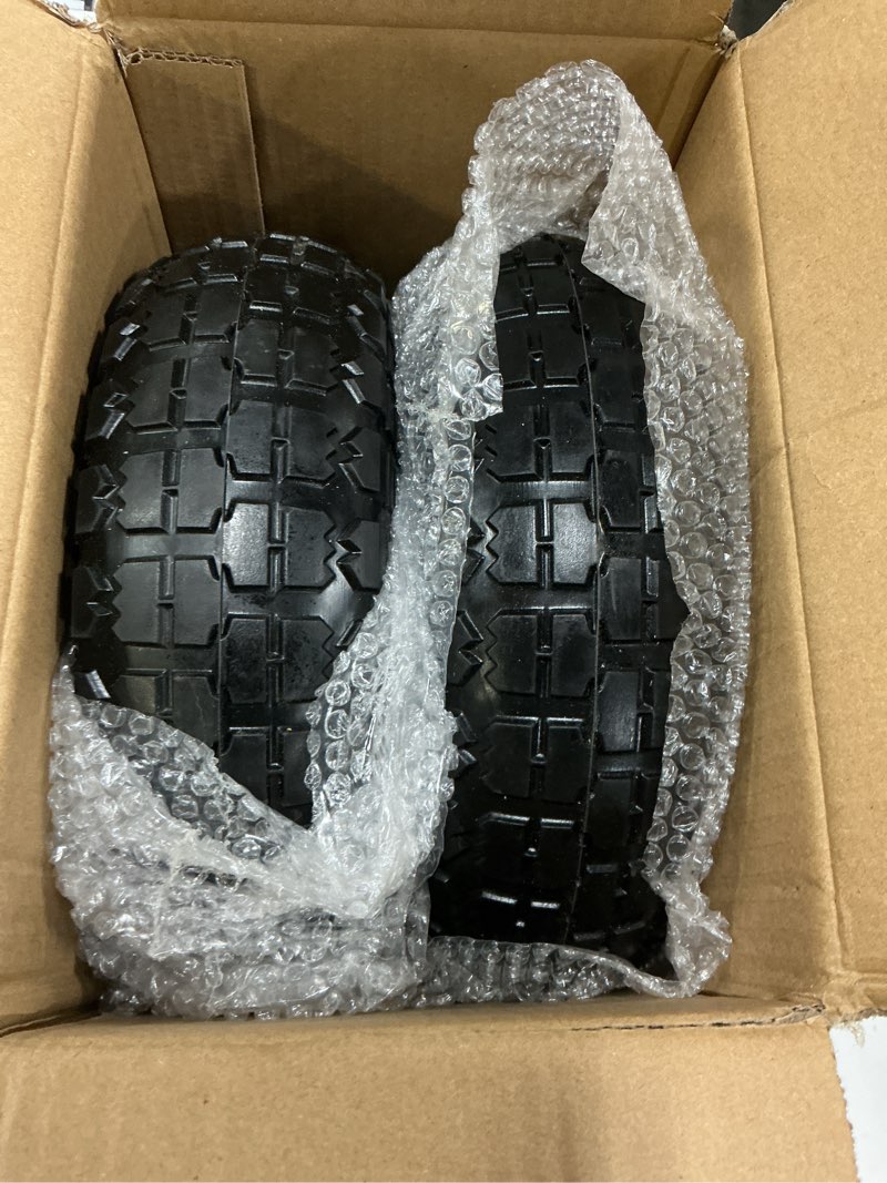 Condition photo showing New/Like New for ticonn 10" solid tires, 2 pack flat free 4.10/3.50-4'' wheels with 5/8” axle bore hole and double sealed bearings (black, 2pk) 10" 2pk black