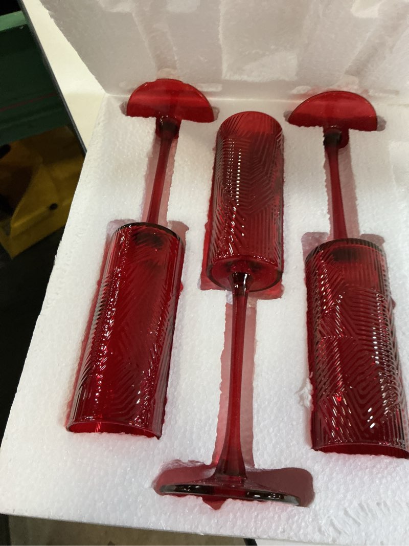 Condition photo showing Good Condition for 21  Pieces Red Champagne Flutes,6 OZ Twill Pattern Striped Vintage Stem Glasses Stemware Wine Glasses Champagne Long Stem Drinking Colored Glasses Goblets for Wedding Cocktail Cups,Cava, Prosecco Red 21 PCS