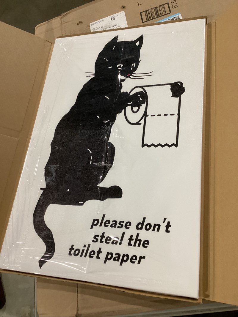 Condition photo showing Good Condition for Framed Funny Black Cat Holding Toilet Paper Roll Canvas Print Poster Black and White Bathroom Wall Art Animal Painting Bathroom Pictures Wall Decor 10"L x 8"W JJ006