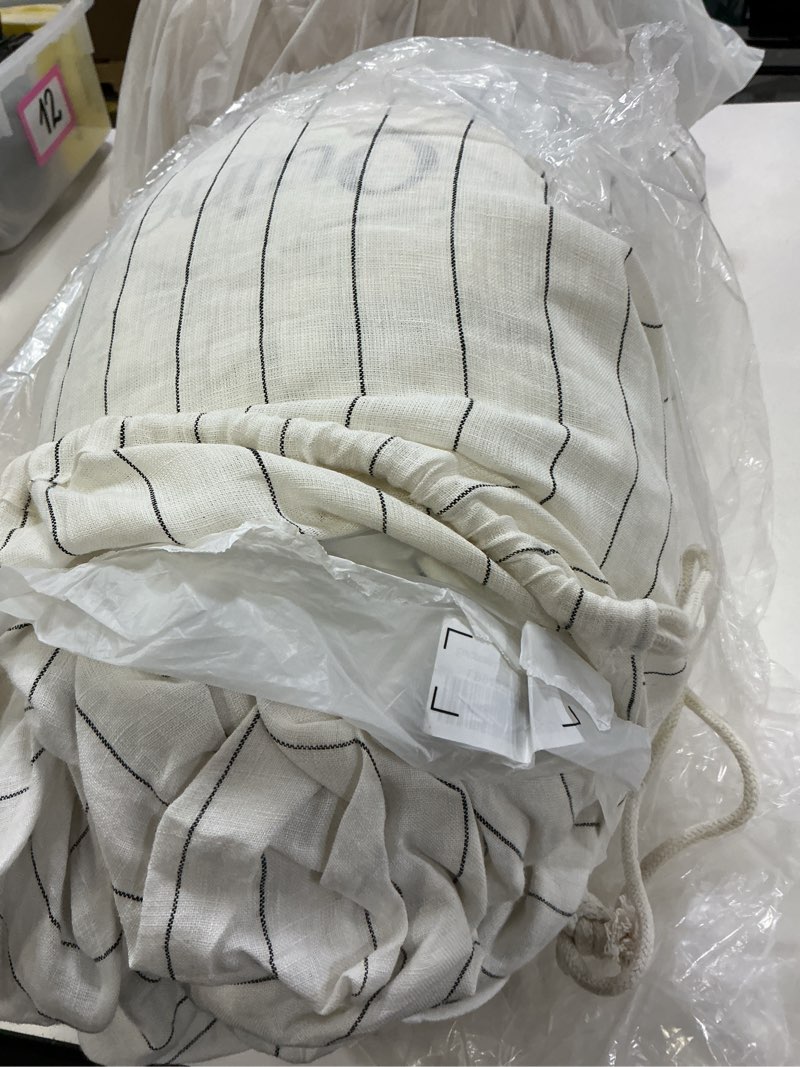 Condition photo showing As Is for quince european linen stripe deluxe bedding bundle, full, pencil stripe