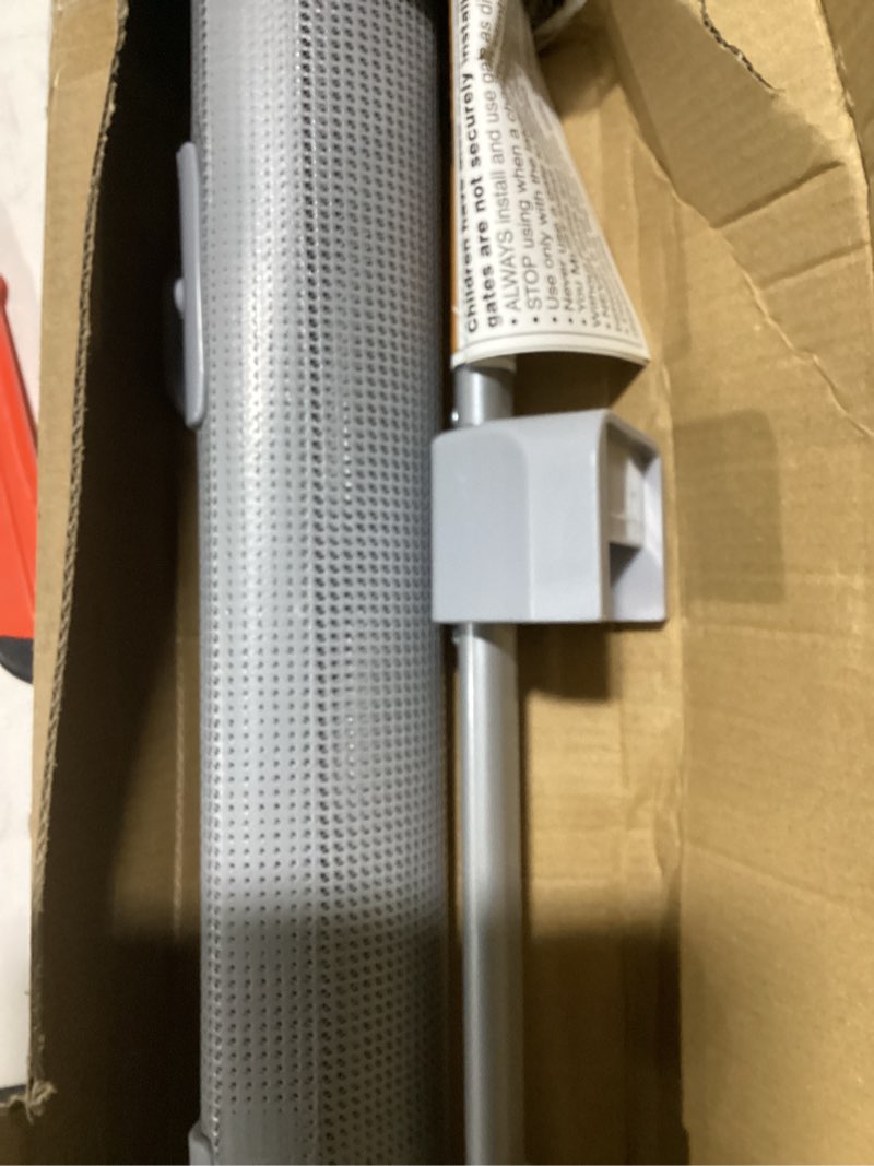 Condition photo showing New/Like New for retractable baby gate for stairs, 55" wide mesh dog gate indoor, 34" tall child gate for doorways, hallways, deck, indoor outdoor pet baby safety essentials for home, grey gray 34" tall x 55" wide