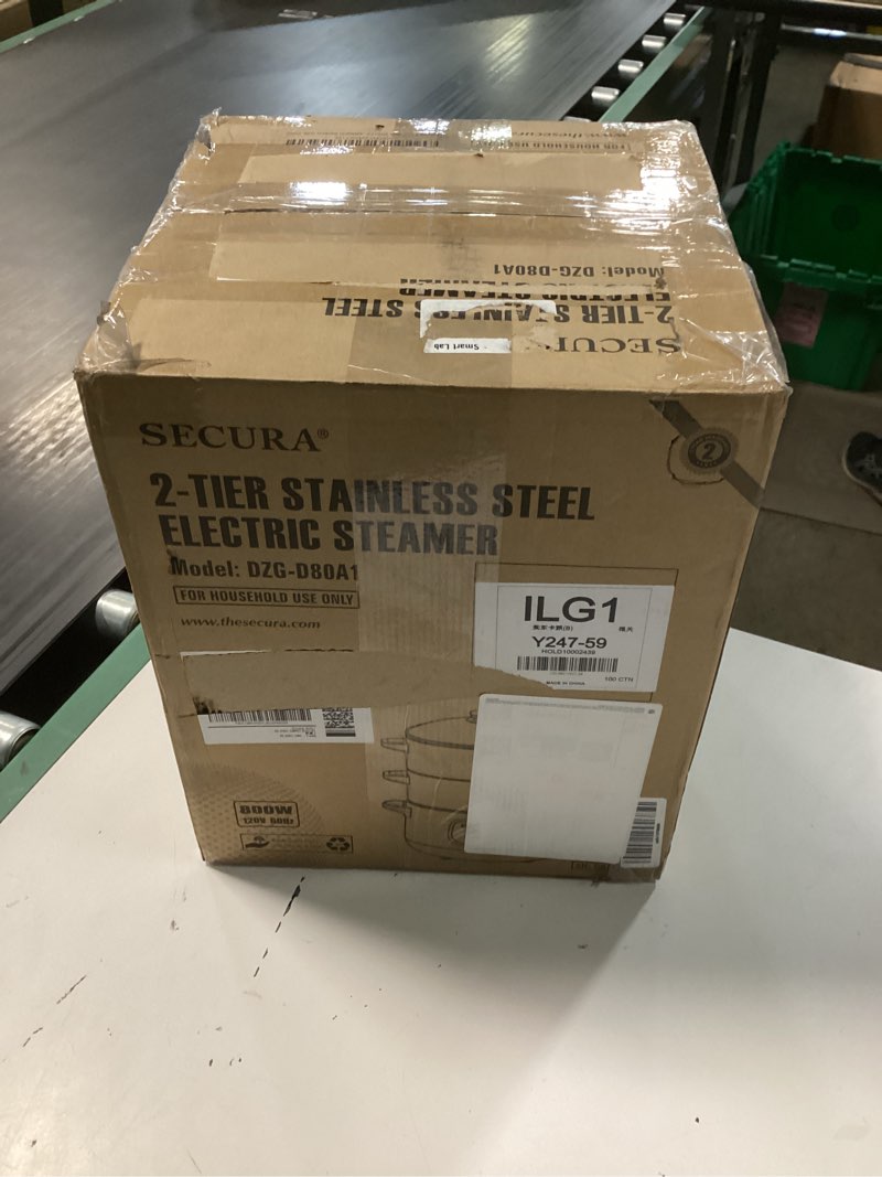 Condition photo showing New/Like New for secura 2 stainless steel food steamer 8.5 qt electric glass lid vegetable steamer double tiered stackable baskets with timer