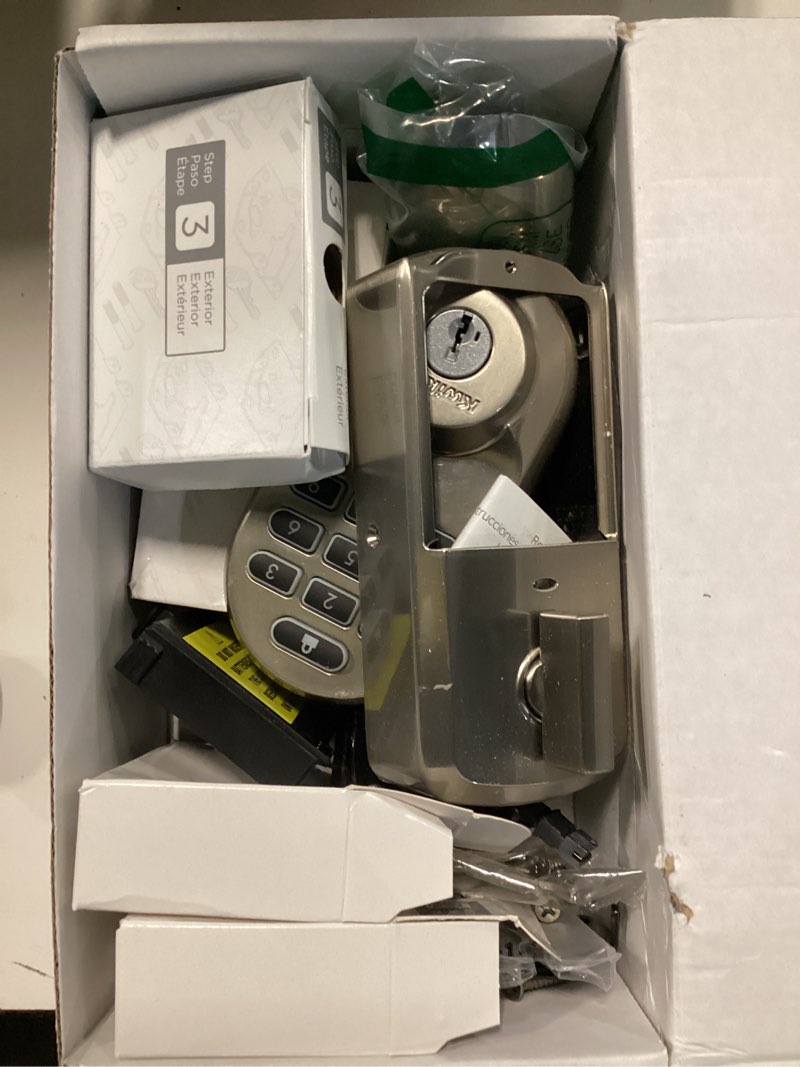 Condition photo showing As Is for kwikset halo wi-fi smart lock, keyless entry door deadbolt, geofence auto-unlock, grade aaa certified, no hub required easy install, satin nickel lifetime finish warranty, backlit keypad