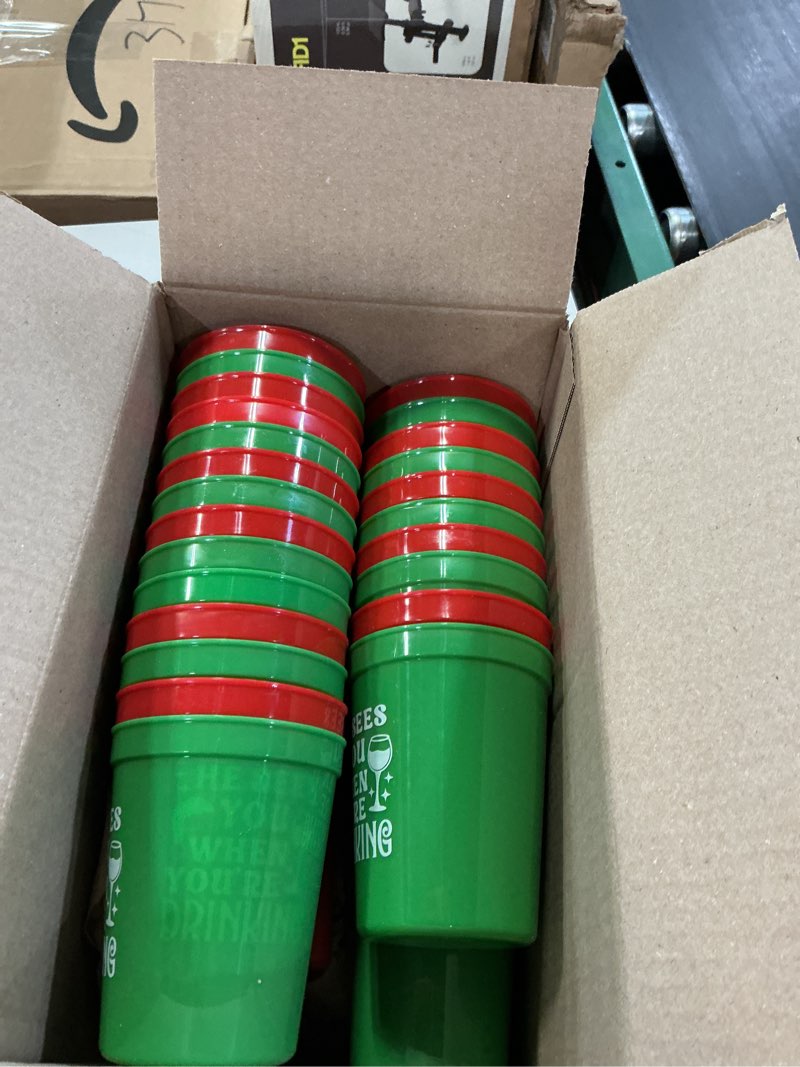 Condition photo showing Good Condition for 48 Pack Christmas Plastic Cups Bulk 16 oz Red and Green Reusable Stadium Cups He Sees You When You're Drinking Bar Wineglass Funny Christmas Santa Theme Party Supplies for Beer Coffee Hot Cold Drinks