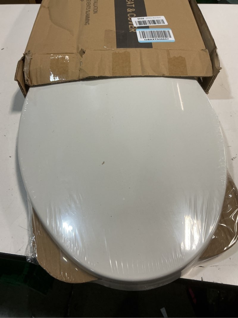 Condition photo showing New/Like New for toilet seat elongated, toilet seats with cover quiet close, never loosen bumpers, easy removing and cleaning, white, 18.5"l x 14"w