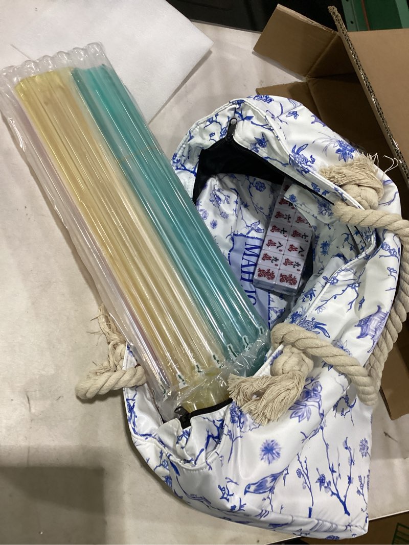 Condition photo showing Good Condition for american mahjong tile set, 166 blue tiles, bag and mahjong accessories, 4 all-in-one rack/pushers, mahjong set complete