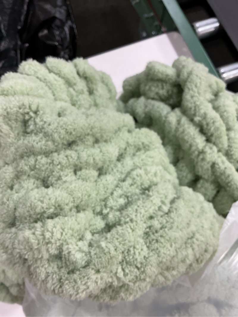 Condition photo showing Good Condition for l'agraty chunky knit blanket throw - soft throw blanket 60x80: 100% hand kintted chenile crochet throw blanket for couch - large cable knit blanket for home decor (sage green) sage green 60"x80"
