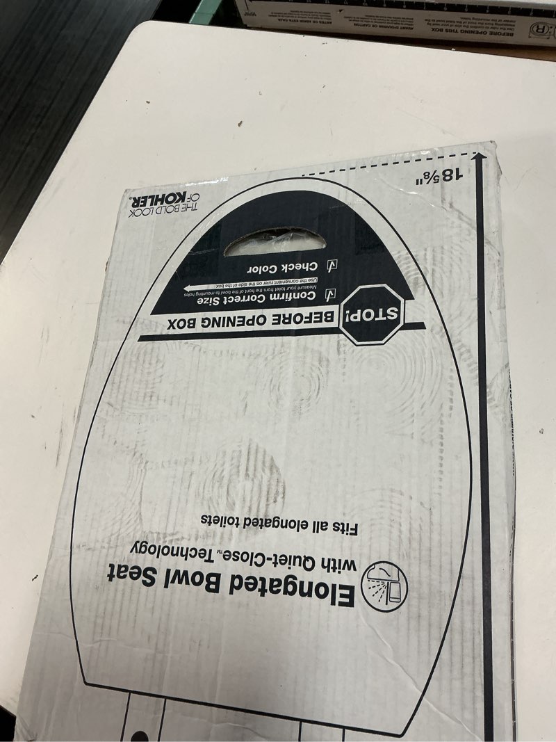 Condition photo showing New/Like New for kohler stonewood quiet-close elongated toilet seat, slow close design, durable wood, easy installation, universal fit, white finish, k-20466-0
