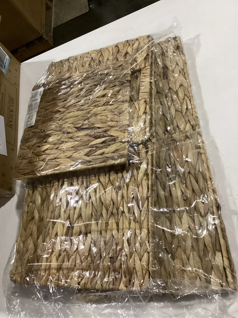 Condition photo showing As Is for Water Hyacinth Storage Baskets 11x11x11 Inch Wicker Storage Cubes Set of 2Baskets,Handwoven Foldable Wicker Cubes with Sturdy Handles, Rustic Laundry Organizer for Bedroom Shelves, Kitchen, Bathroom