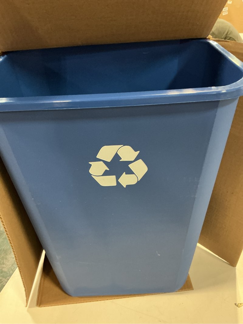 Condition photo showing Good Condition for Boardwalk Recycling Bin, 10 Gallon Tall Trash Can, Blue Plastic, Indoor, Easy-to-Clean, 20.5" High, Great for Office Or Kitchen Use, Made in The USA