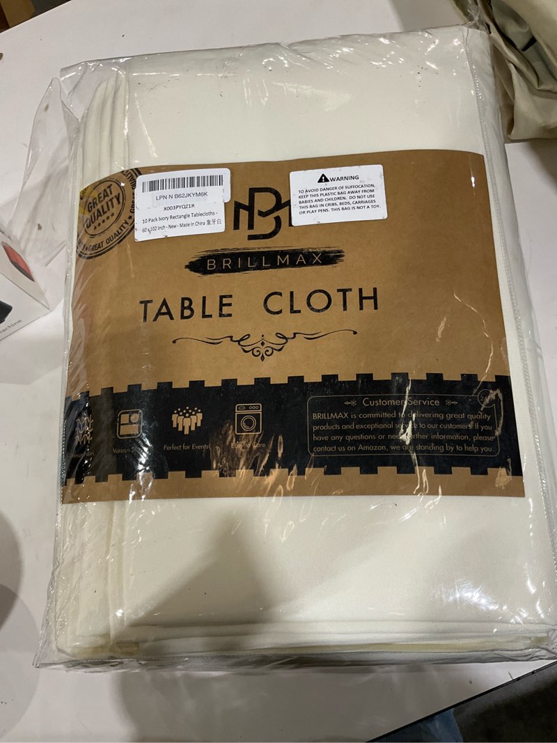 Condition photo showing As Is for BRILLMAX 10 Pack Ivory Tablecloths 60 x 102 Inch for 6ft Rectangle Tables - 150 GSM Polyester Fabric, 15" Standard Drop, Water, Stain & Wrinkle Resistant Cloth Cover for Wedding Dining Buffet Ivory 60x102 In, 10 Pack