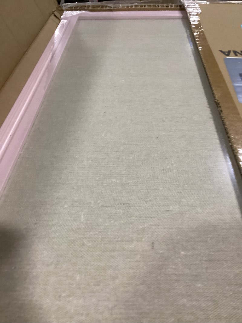 Condition photo showing As Is for AMUSIGHT Large Cork Board with Linen, 36" x 24" Hanging Pink Wood Framed Bulletin Board, Picture Display Vision Board Corkboards for Wall Room School Office Decor, 10 Pushpins, 1 Pack Pink Frame + Beige Linen - 1pcs 36" x 24"