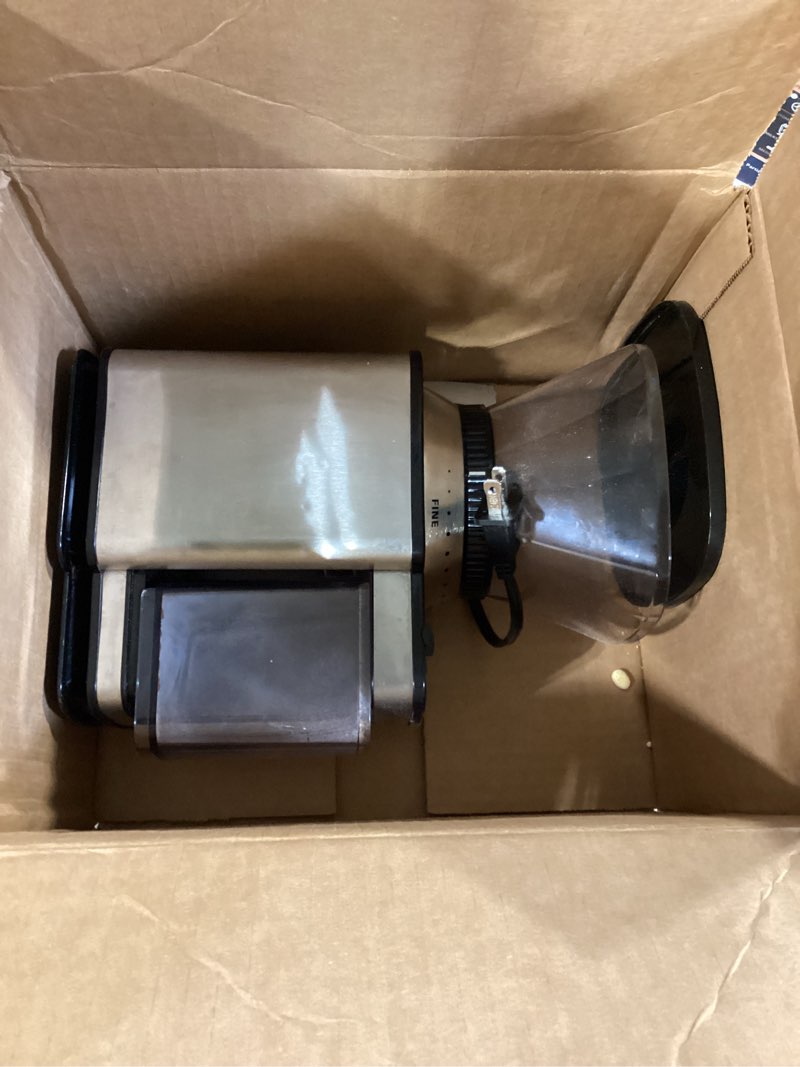 Condition photo showing As Is for cuisinart coffee grinder, electric one-touch automatic burr coffee grinder with 18-position grind selector, cup size selector for 4 – 18 cups, dbm-8p1, black stainless burr mill stainless steel