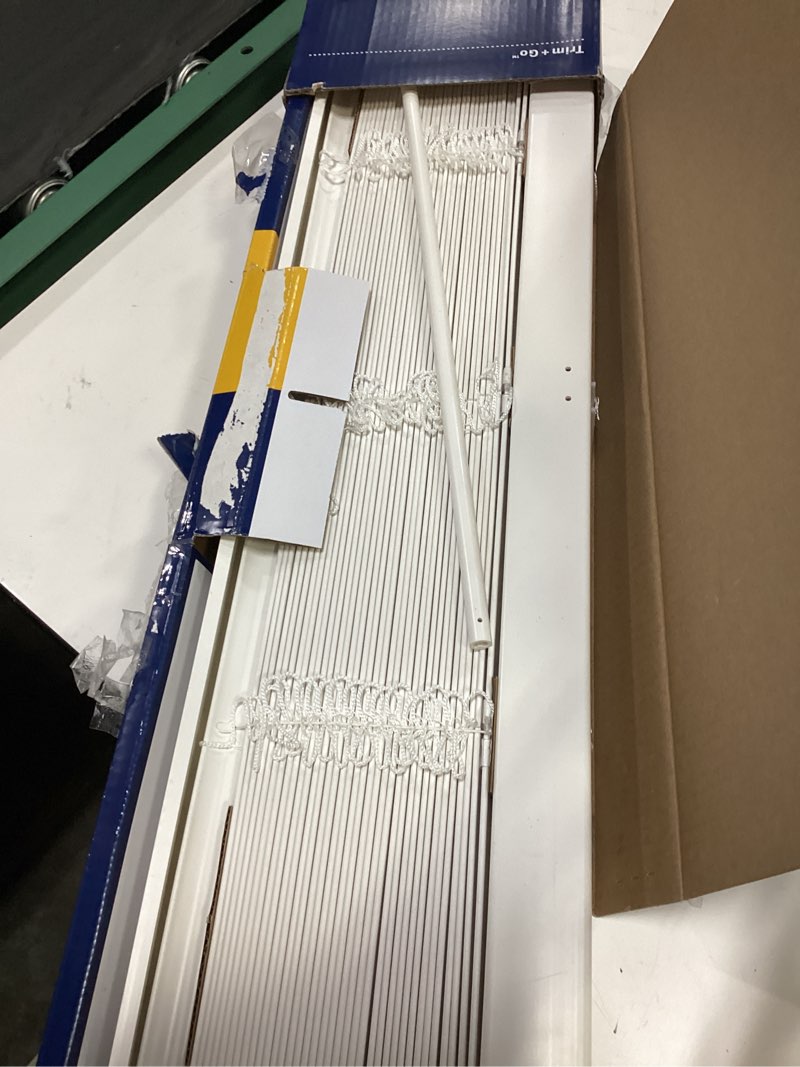 Condition photo showing As Is for levolor trim+go 2-in slat width 27-in x 64-in cordless white faux wood room darkening full-view standard horizontal blinds