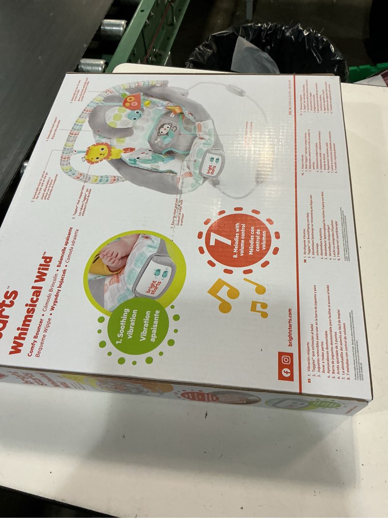 Condition photo showing New/Like New for bright starts comfy baby bouncer soothing vibrations infant seat - taggies, music, removable -toy bar, 0-6 months up to 20 lbs (whimsical wild) whimsical wild infant seat