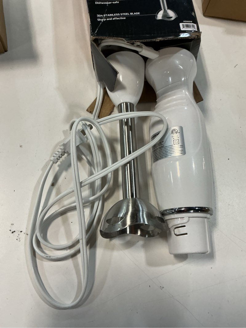 Condition photo showing Good Condition for OVENTE Immersion Hand Blender, 300W Electric Handheld Portable Stick Mixer with 2 Mixing Speed and Stainless Steel Blades for Effortless Blending Smoothies, Shakes, Puree or Baby Food, White HS560W HS560W Corded