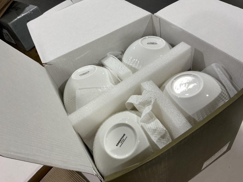 Condition photo showing As Is for kingstone bone china dinnerware set, 24-piece white lightweight porcelain for 8, plates and bowls with rhombus patterned edge design, microwave and dishwasher safe, for family, restaurant, gifting white service for 8-24pcs