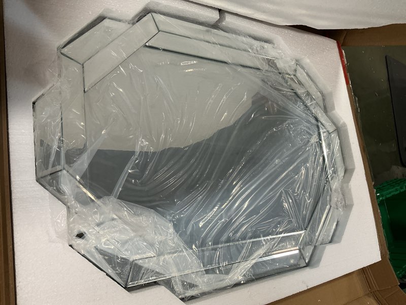 Condition photo showing Good Condition for Bathroom Mirror 20”X28” Helicoid Frameless Beveled Decor Silver Mirror for Wall, Hexagon Decorative Mirror for Bedroom, Living Room and Enterway Horizontal or Vertical Hang Silver 20"L x 28"W