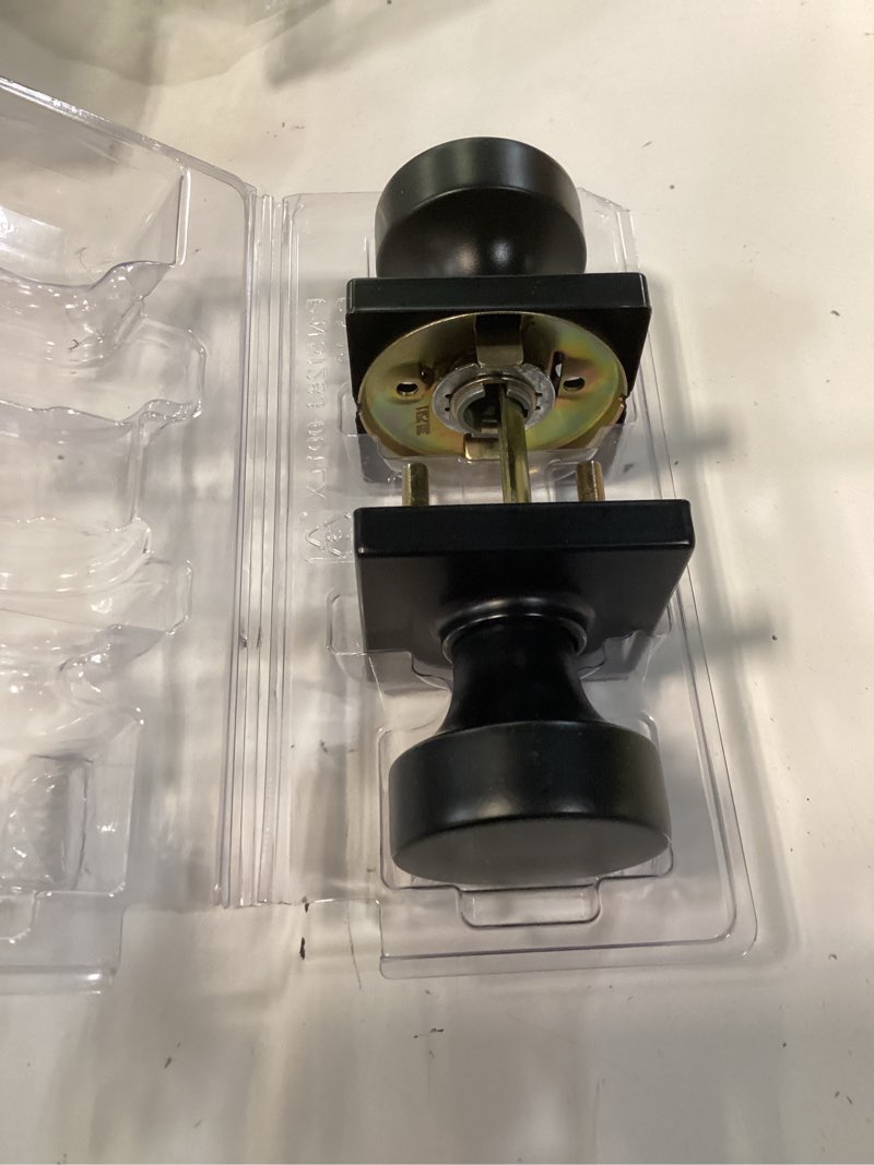 Condition photo showing As Is for pismo matte black keyed entry square door knob featuring smartkey technology