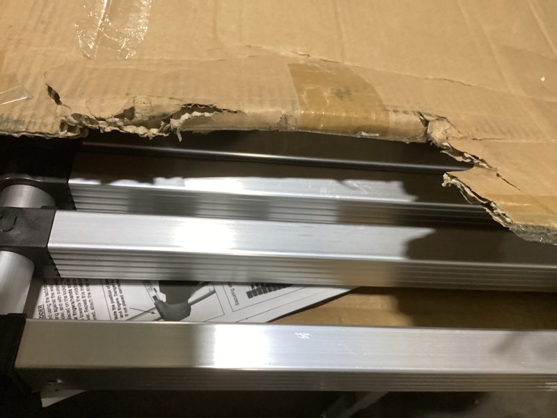 Condition photo showing As Is for BOCOM 14.5 FT Aluminum Telescoping Ladder, Lightweight Multi-Purpose Collapsible Extension with 2 Triangle Stabilizers, Heavy Duty 330 lbs Max Capacity, Ideal for Home, RV, and Outdoor Work Silver Silver 14.5 FT