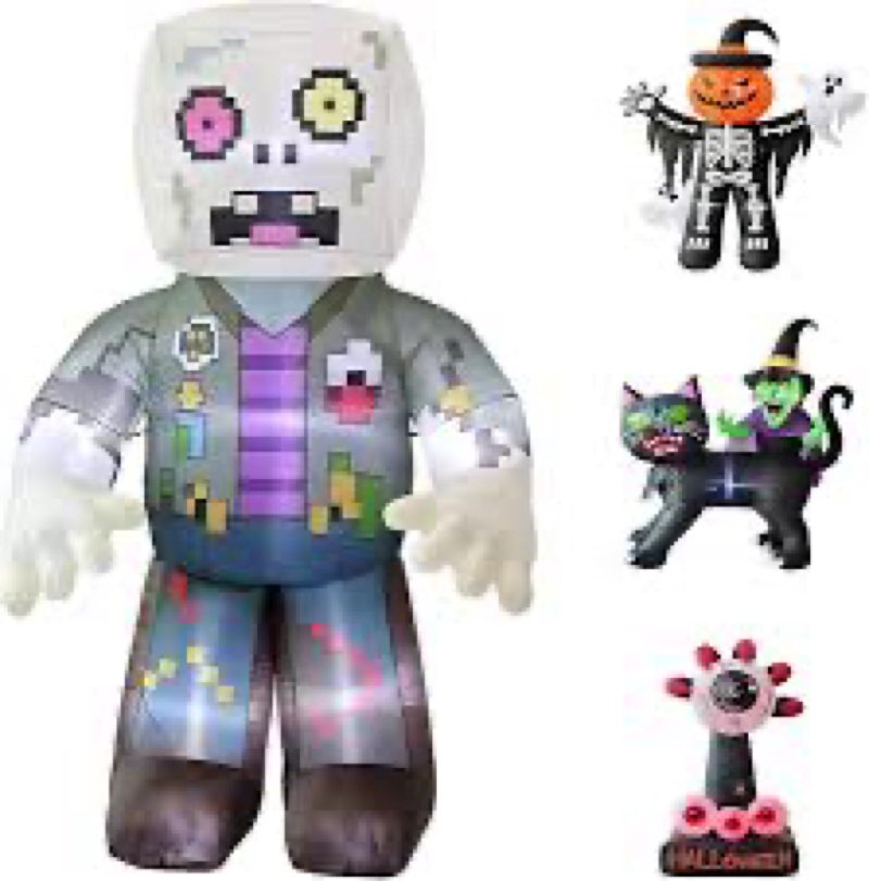 8FT Pixel Zombie Halloween Inflatable Decorations,Blow Up Skeleton Ghost Decoration with Build-in LE