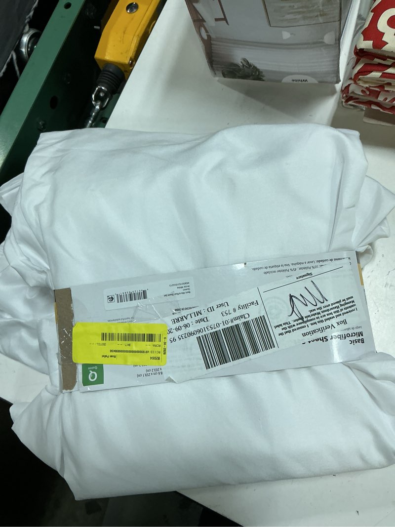Condition photo showing As Is for mainstays basic value microfiber bed sheet set, arctic white, queen, 4 piece