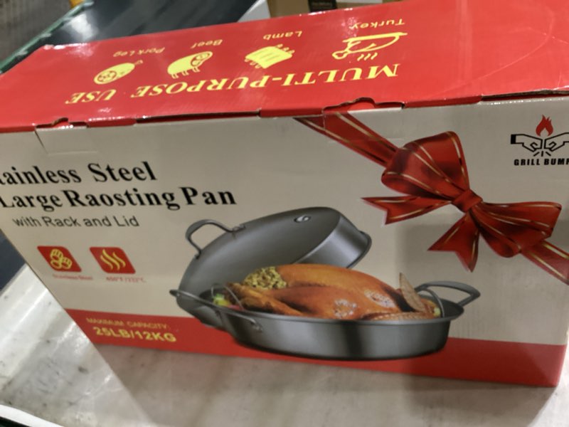 Condition photo showing Good Condition for grill bump roasting pan, 21x13x11 inch, silver, rectangular, stainless steel, 25lb capacity, turkey & chicken roaster with rack and lid