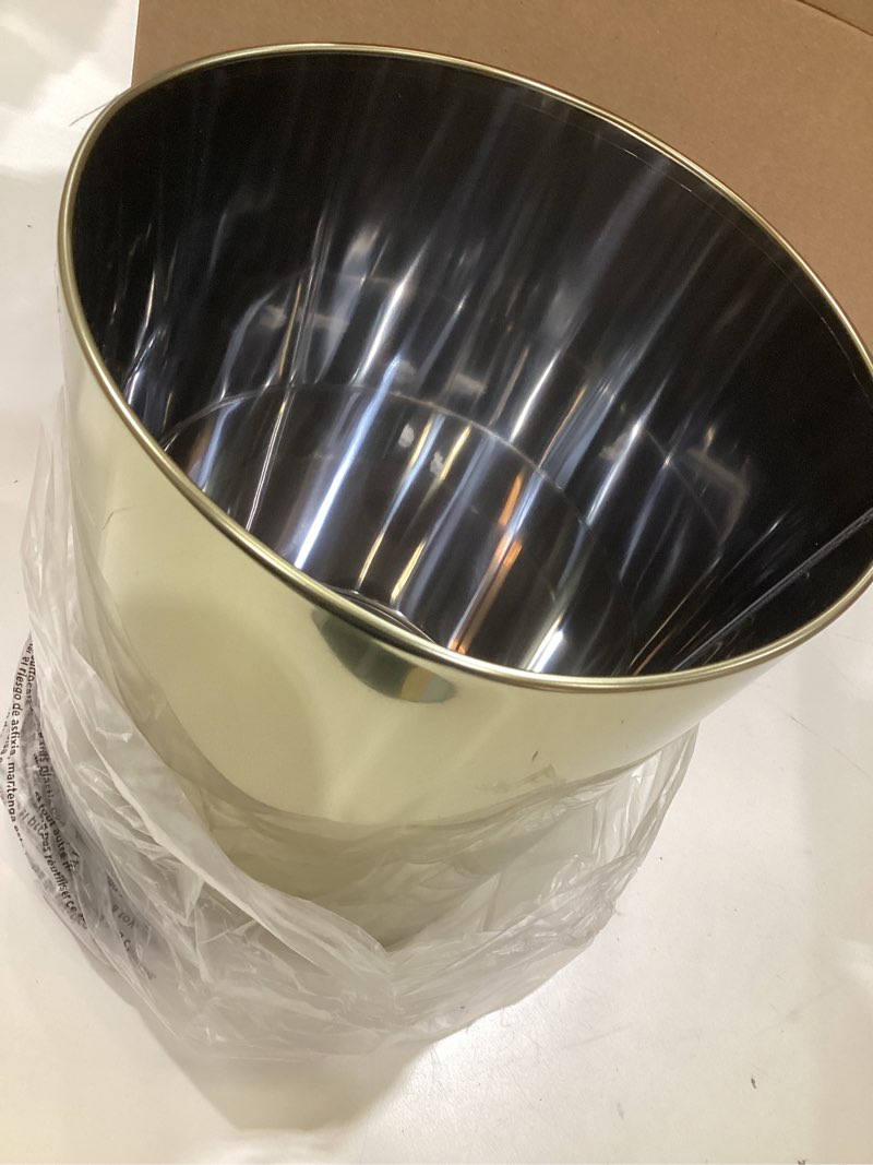 Condition photo showing Good Condition for mdesign round metal small 1.7 gallon recycle trash can wastebasket, garbage container bin for bathrooms, kitchen, bedroom, home office - durable stainless steel - mirri collection - soft brass