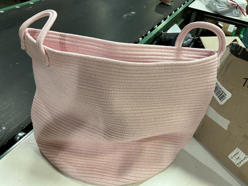 Condition photo showing Good Condition for extra large gift basket empty to fill with wrap, reusable woven gifting basket for shower gifts, throw blanket, small laundry basket with handles for kids, toy storage for living room, pink large blush pink