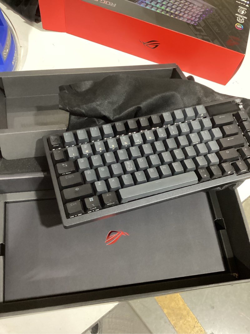 Condition photo showing Good Condition for asus rog azoth wireless mechanical gaming keyboard – 75% tkl, tri-mode connectivity, hot swappable pre-lubed rog nx storm clicky switches, pbt keycaps, rgb, oled display, pc/mac support - black black storm clicky azoth