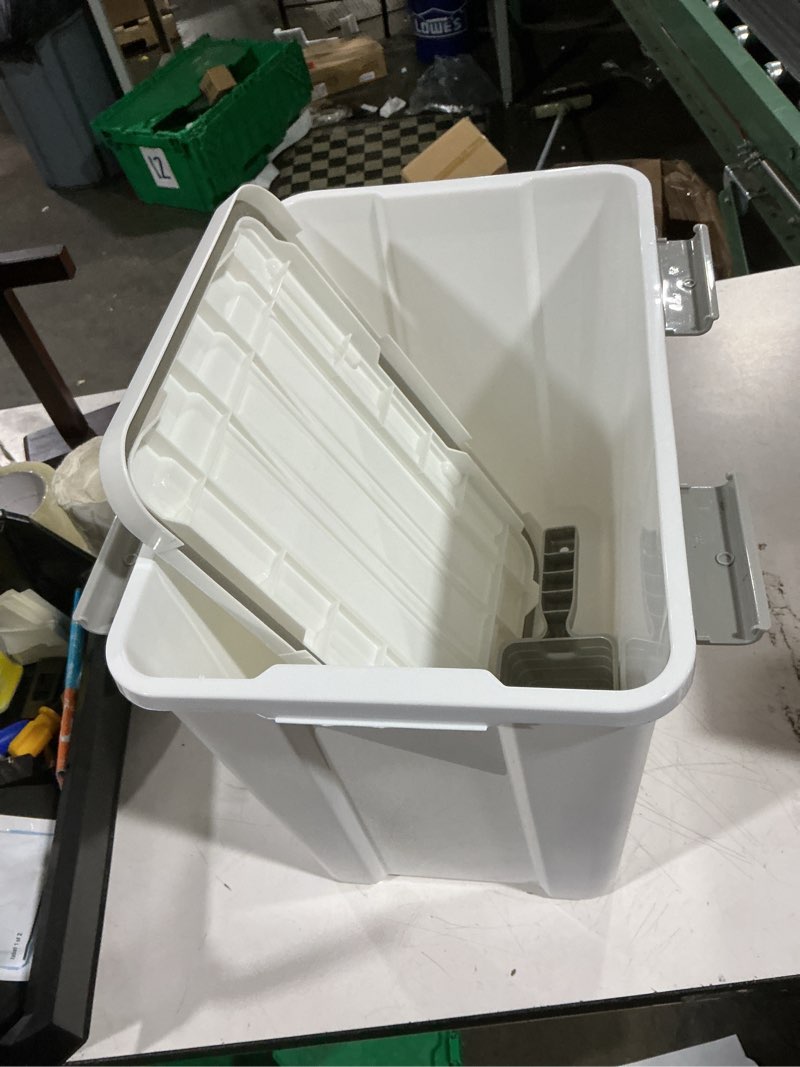 Condition photo showing Good Condition for iris usa dog food storage container, up to 30 lbs, white, made in usa | includes 2-cup sccop, stacklable, bpa-free, 4 secure latches, bird seed, chicken feed, pellets, camping white/gray