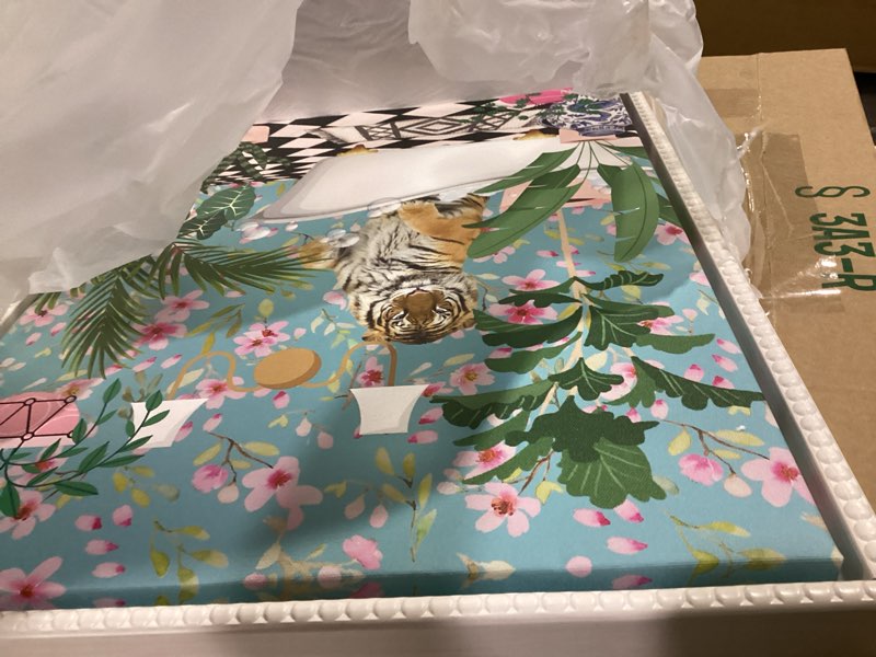 Condition photo showing New/Like New for kate and laurel maximalist tiger bath framed canvas wall art by honey island studio 18 x 24 sylvie white, whimsical, animals, bathroom, flowers, tropical art for wall decor, living room, bedroom 24"l x 18"w white