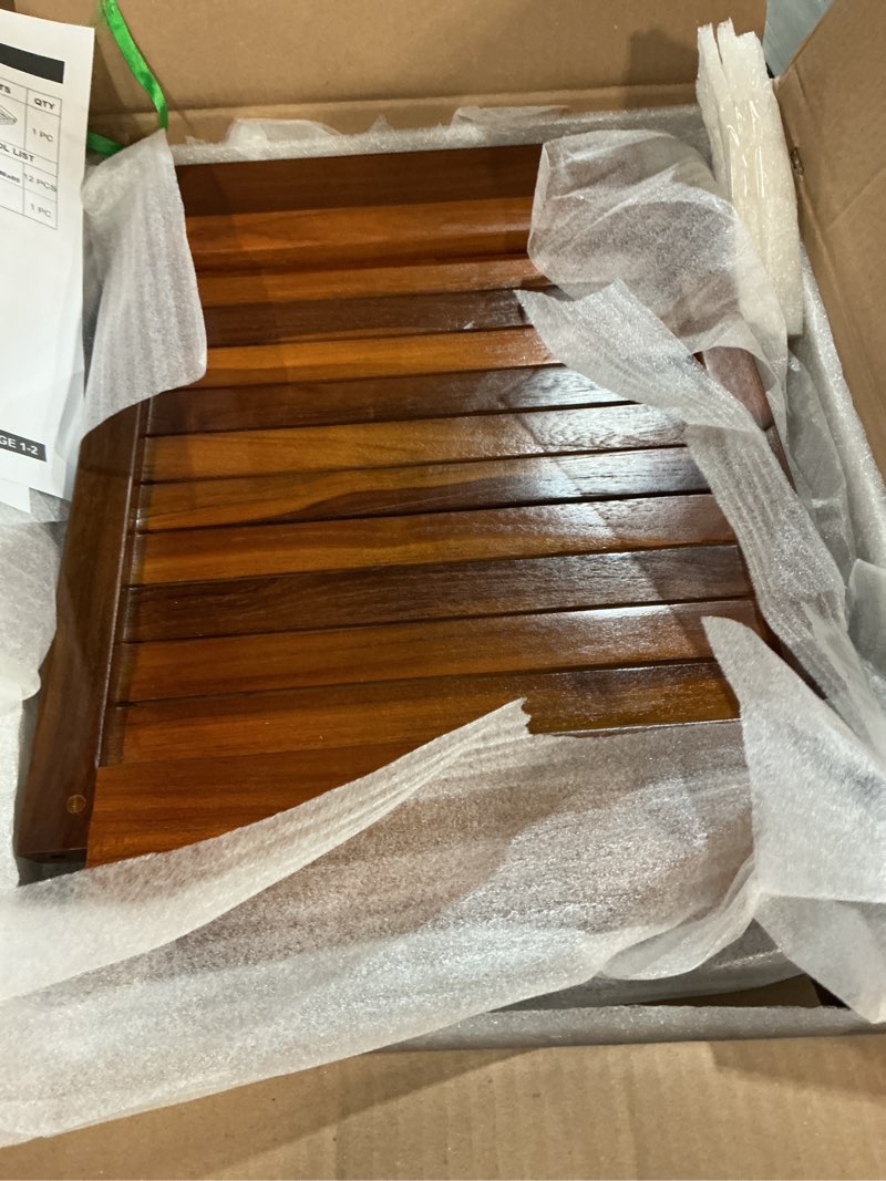 Condition photo showing Good Condition for TEAKMAMA 21 Inch Teak Shower Bench with Storage Shelf and Handles, Teak Wood Shower Stool Waterproof Bath Chair for Indoor and Outdoor Use, Bathroom Stools for Adults Sitting