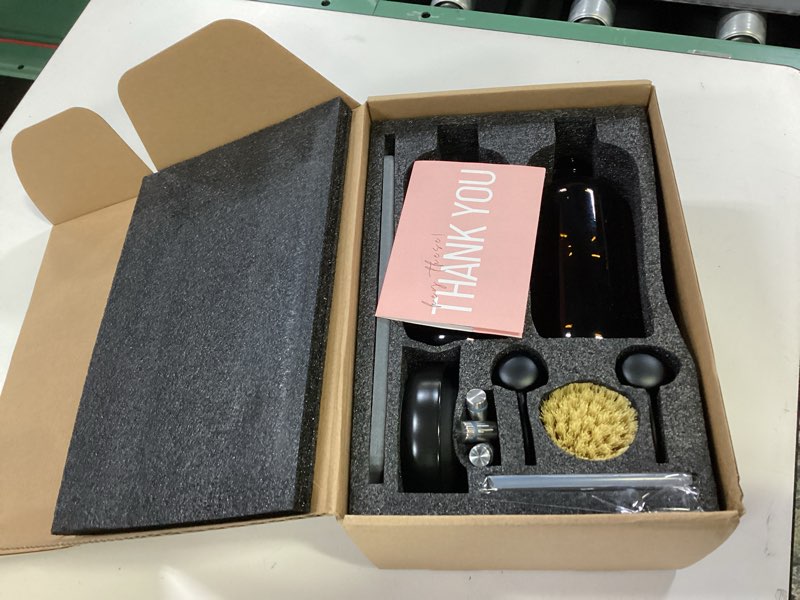 Condition photo showing New/Like New for [Luxury] Kitchen Soap Dispenser Set - 16OZ Amber Glass Bottle, Stainless Steel Pump, Instant Dry Tray, Waterproof Labels, Non-Slip Silicone Pad, and Dish Brush | Upgrade for Your Kitchen and Bathroom Amber Bottle + Black Pump