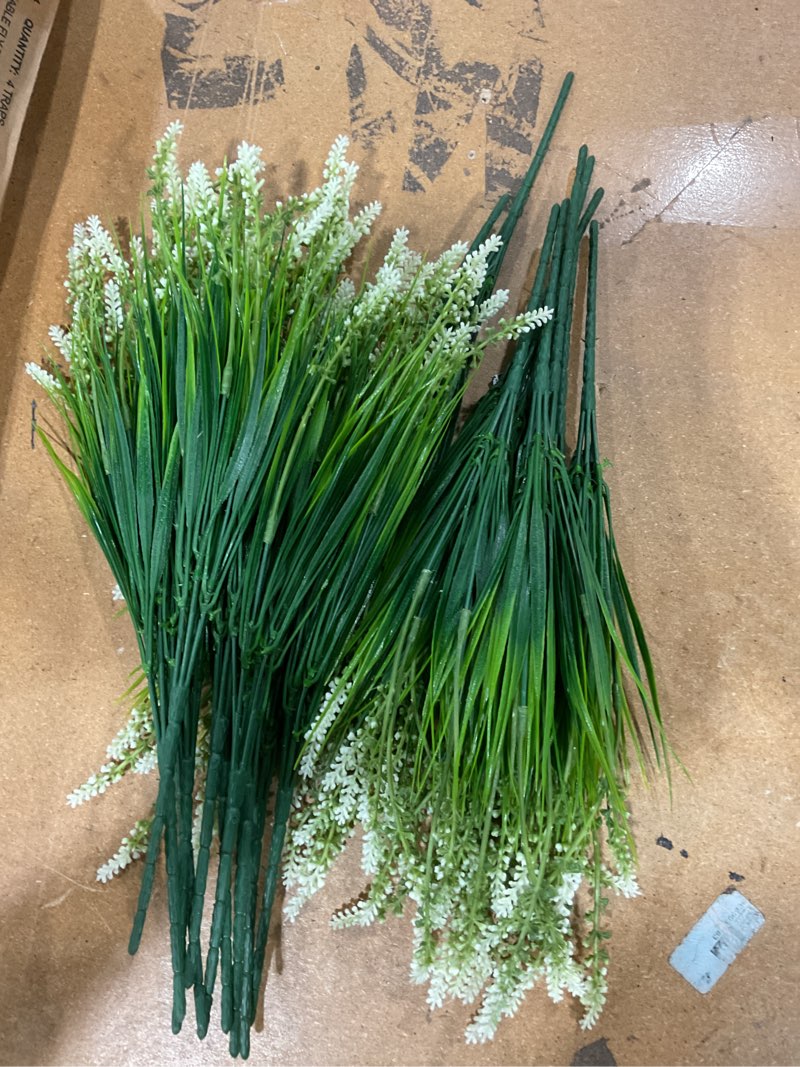 Condition photo showing As Is for ivydale 20pcs artificial plants fake flowers monkey grass for outdoors,uv resistant realistic white faux greenery shrubs outside decor for home garland porch patio balcony planter yard office pathway