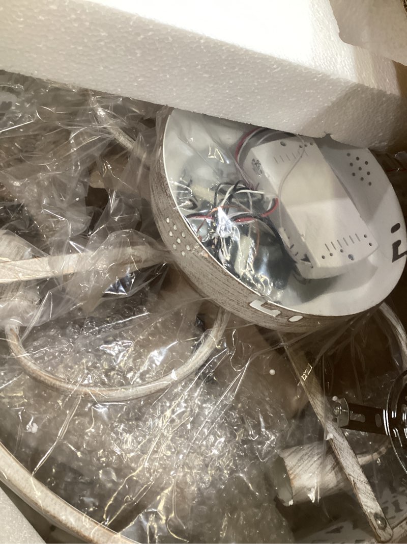 Condition photo showing As Is for 20" Caged Ceiling Fans with Lights Flush Mount Ceiling Fan with Remote,Small Black Low Profile Bladeless Ceiling Fan Light Fixture for Bedroom, Kitchen, Dining Room 4 bulbs Included,6 Speeds White brush gold (with light bulb)