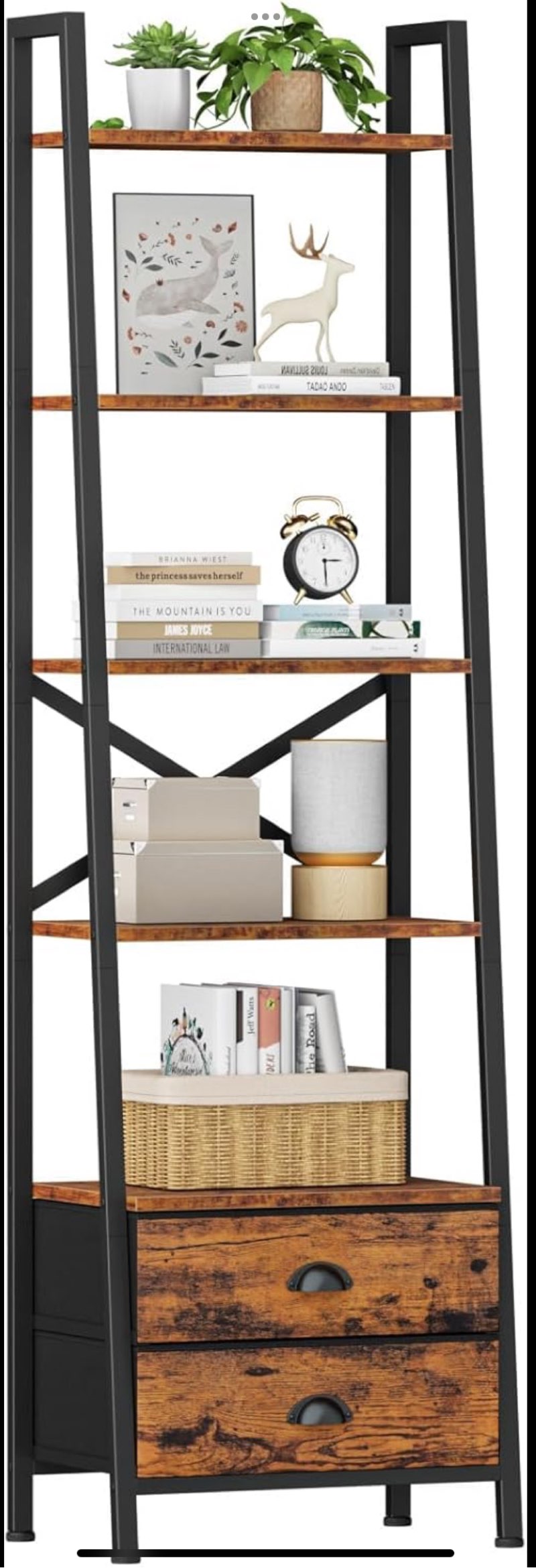 Furologee 5-Tier Ladder Shelf with 2 Drawers,Narrow Bookshelf Storage Shelves,Industrial Bookcase Freestanding Rack Units for Bedroom,Living Room,Bathroom,Home Office,Balcony,Wood Metal,Rustic Brown Rustic Brown 5-Tier