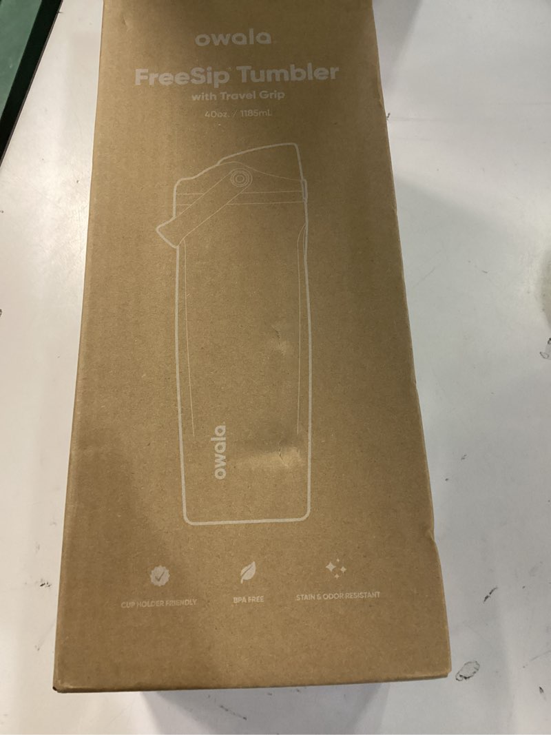 Condition photo showing New/Like New for owala freesip sway insulated stainless steel water bottle with two-way spout, built-in straw and bucket handle, made for travel, school, and sports, 40oz, bpa free, leak proof, black cherry black cherry 40 ounces