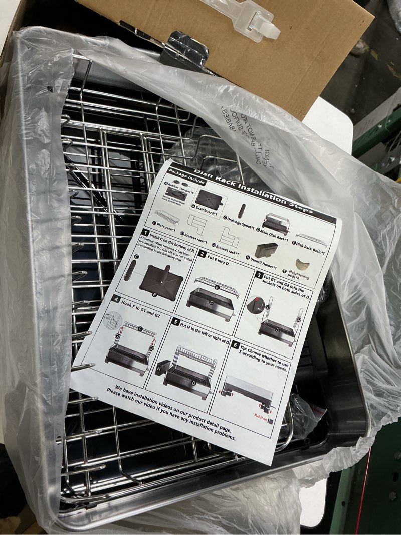 Condition photo showing Good Condition for (Similar)Extra Large Two Tier Stainless Steel Dish Drainer Drying Rack with Drainboard for Kitchen Counter, Modern Black and Silver, Rust Proof Metal, Space Saving Double Countertop Big Plates Dryer and Tray 2 Tier-Extra Large