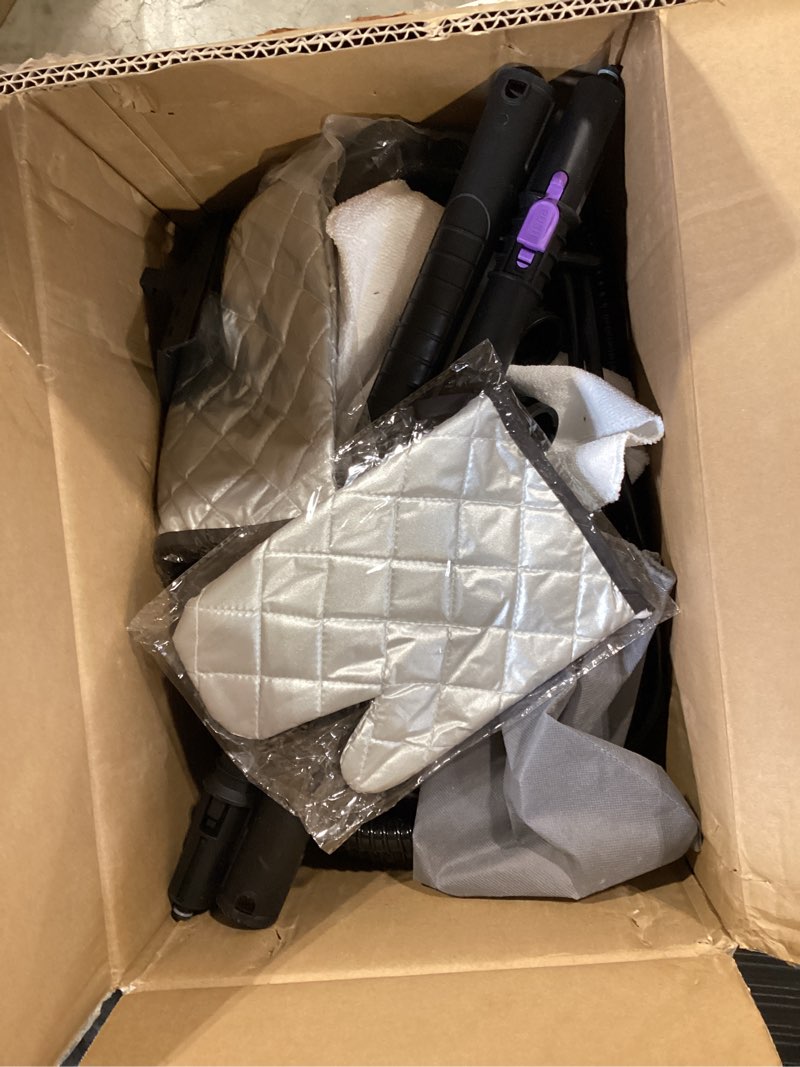 Condition photo showing As Is for steam cleaner, powerful heavy duty canister steamer with 34 accessories, steam mop with 16.4 ft extra-long power cord for home floor cleaning, grout, upholstery, car detailing, purple