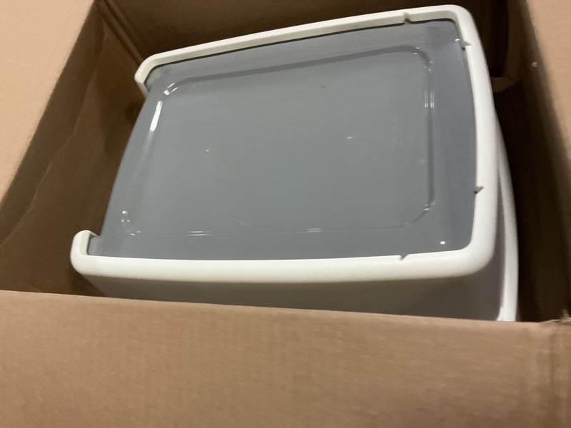 Condition photo showing New/Like New for amazon basics large cat litter box with high sides, open top for easy access, includes scoop with storage, 19" x 15" x 11.75", grey/beige grey/beige open top