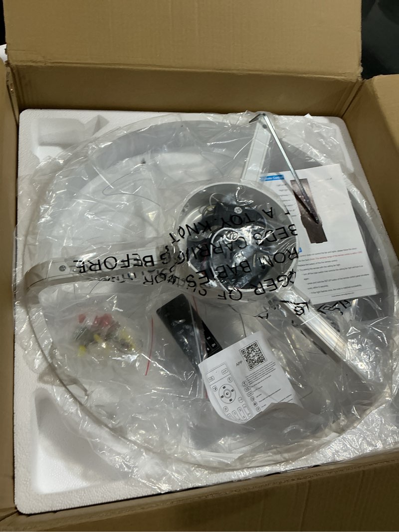 Condition photo showing As Is for VOLISUN Low Profile Ceiling Fans with Lights and Remote, Ceiling Fan with Light Flush Mount, No Assembly, 3000K-6500K Dimmable, White Fandelier Ceilings Fans with Lights for Bedroom White 20 INCH