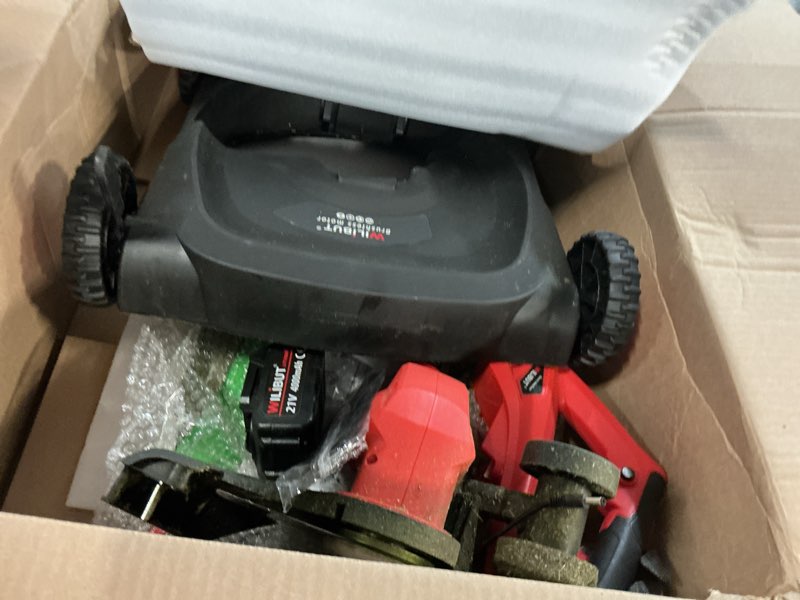 Condition photo showing As Is for 4-in-1 cordless lawn mower, weed eater and edger combo, adjustable height & angle, electric string trimmer with wheels grass trimmer for garden yard (2x4.0ah battery & charger included)
