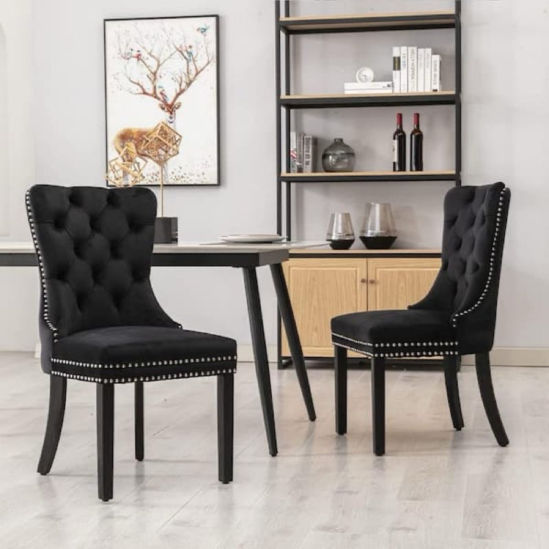 *missing legs*Black Velvet Upholstered Dining Chairs Side Chairs Set of 2 Accent Diner Stylish Kitchen Chair with Wood Legs and Padded