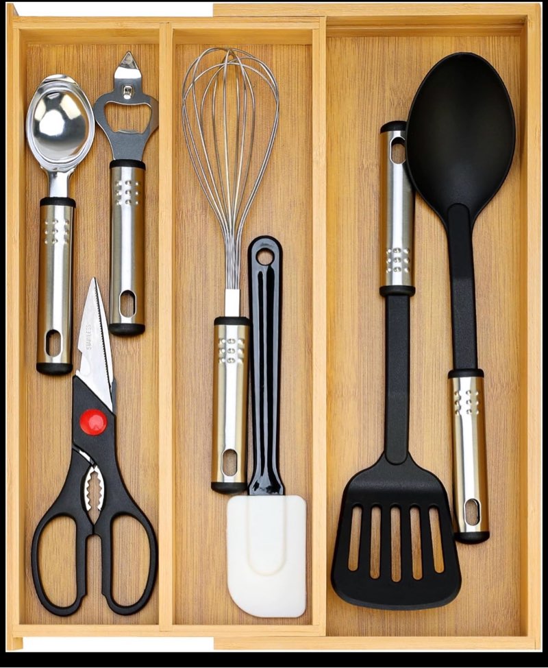 large bamboo silverware drawer organizer tray kitchen tool drawer divider organizers storage expandable cooking utensil organizer wooden cutlery tray spoon flatware organizers utensil holder drawers (8"-12.6")x 15.7" bamboo