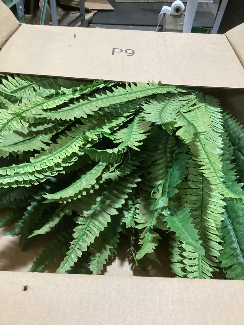 Condition photo showing As Is for 48in 96 leaves large fake ferns-set of 2 artificial plants outdoor, uv resistant artificial ferns for outdoors, realistic faux boston fern fake plants for porch home garden patio hanging decor 2 pcs