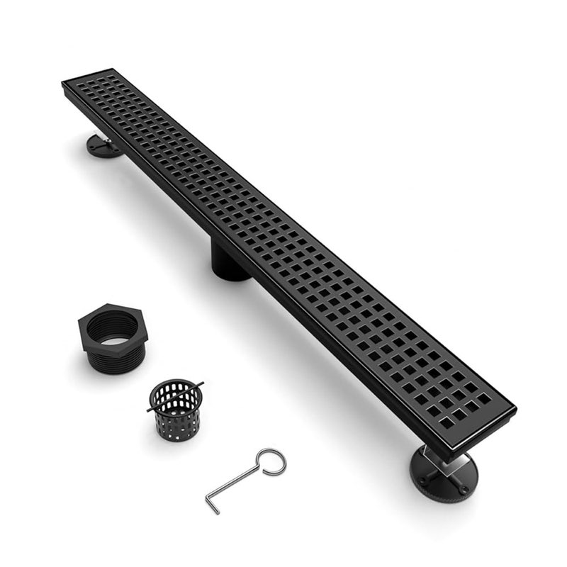 Fibetter 24 Inch Black Linear Shower Drain, Rectangular Shower Floor Drains with Square Hole Cover, 