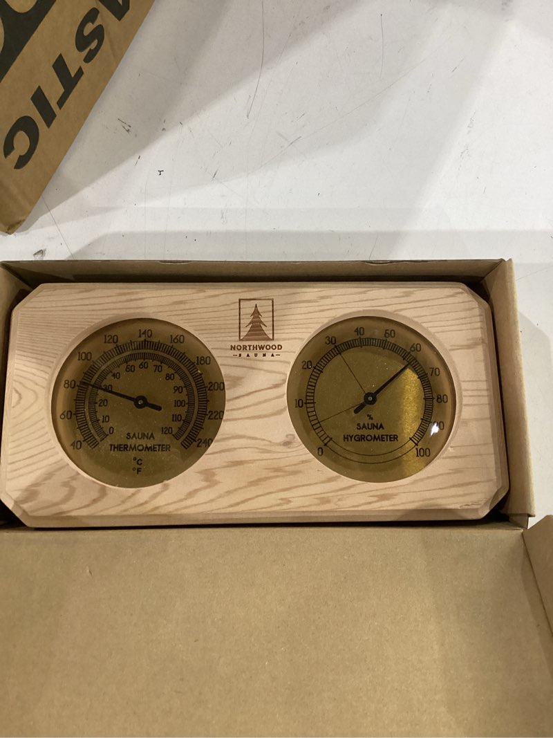 Condition photo showing Good Condition for northwood sauna - sauna thermometer and hygrometer 2 in 1 - fahrenheit & celsius - handmade from canadian red cedar wood - luxurious golden metal dials