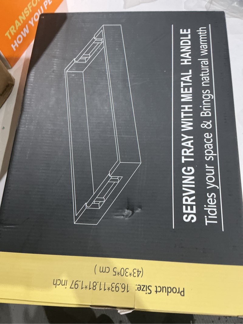 Condition photo showing Good Condition for Acacia Wood Serving Tray with Metal Handles,17x12in Ottoman Decorative Trays Platter for Coffee Table,Living Room,Bar,Party(Large) 17 x 12 in Brown